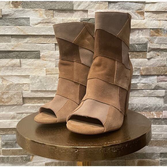Torrid 7W Patchwork Heeled Booties | Leather Upper, Peep Toe, Neutral Suede - Picture 5 of 9